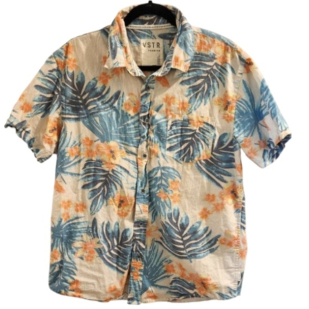 VSRT Men's Hawaiian Beach Button Down Shirt Tropical Print 100% Cotton SZ Large